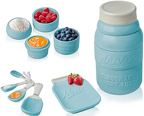 Comfify Aqua Blue Mason Jar Measuring Set – 4 Cups, 4 Spoons, Spoon Rest