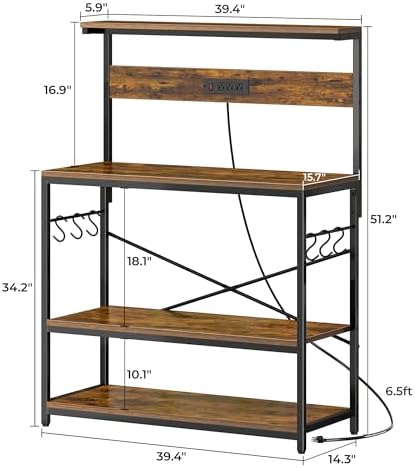 SUPERJARE Bakers Rack with Power Outlets, Microwave Stand, 39.4 X 14.3 Inch Larger Desktop, Kitchen Storage Rack with Adjustable Middle Shelf, 6 S-Shaped Hooks, Coffee Bar Stand, Rustic Brown