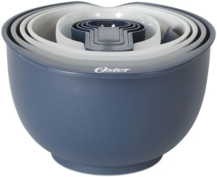 Oster 12 Piece Nesting Mixing Bowl Set, 3 Bowls with Lids & 6 Measuring Cups, Non-Slip Bases, Pour Spouts, Space-Saving Kitchen Prep Set, Dishwasher Safe