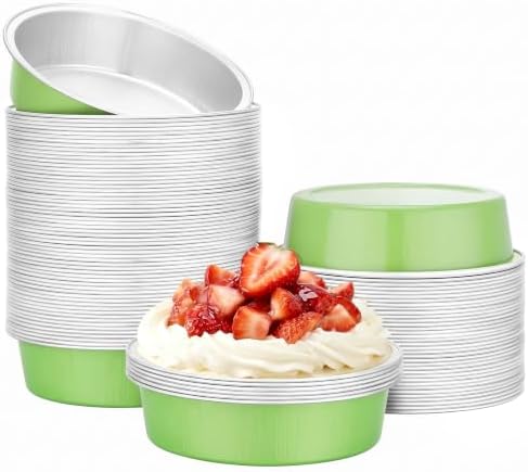 Beasea Mini Pie Tart Pans, 100 Pack 7.3oz 215ml Disposable Baking Cups Only, 4" Mini Ramekin No Lids Aluminum Foil Ramekins Cupcake Baking Tart Tin Pan for Cheesecake Pie - Matcha Green
