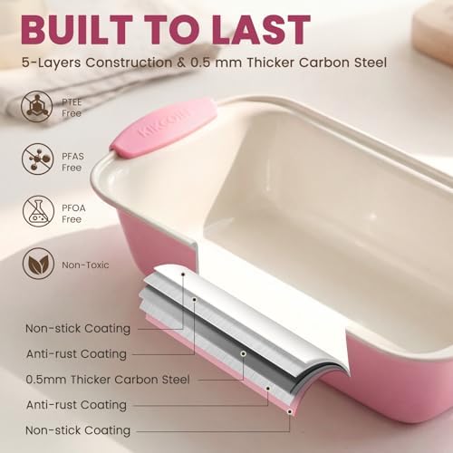 Kikcoin 22 PCS Nonstick Baking Pans Set, Stackable Bakeware Sets with Silicone Handles, 450°F Oven Safe Baking Sheet Set, Easy Release Cookie Sheets for Baking, Pink