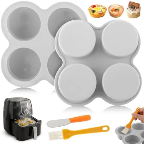 2 Pack Silicone Egg Bite Molds with 1 Spatula & 1 Brush, 4 Cups Silicone Air Fryer Baking Pan Non-Stick for Egg Bites, Cupcake, Tart, Frittata, Quiche, Muffins, Cornbread