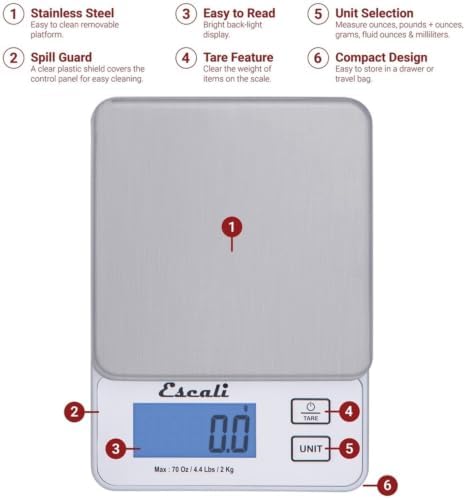 Escali Vera PR2000S Compact High Precision Kitchen/Baking/Herb Scale, Measures Liquid and Dry Ingredients, LCD Digital Display, 4.4lb Capacy, Silver