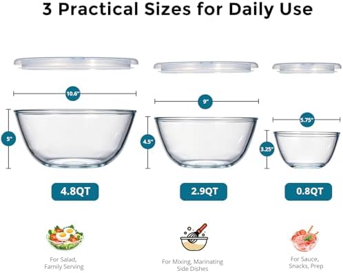 E-far Glass Mixing Bowls with Airtight Lids Set for Cooking Prep Serving