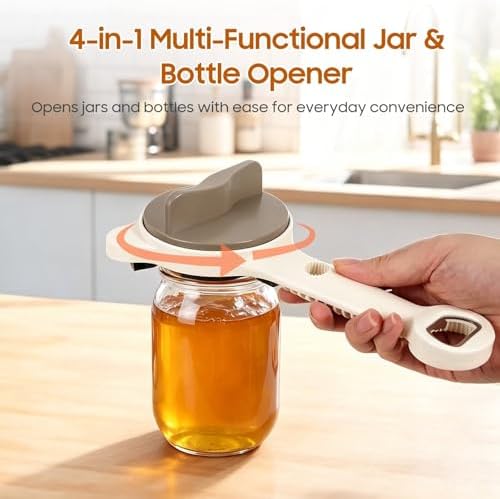 4-in-1 Adjustable Stainless Steel Jar Opener for Seniors Arthritic & Weak Hands, Manual Lid Gripper for Mason Pickle Sauce Jam Soda Wine Jars, Compact Practical Home RV Kitchen Gadget