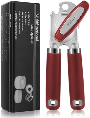 Safring Can Opener Manual, Heavy Duty Handheld Strong Can Opener with Soft Touch Handle, Sharp Blade Smooth Edge, Can Openers with Multifunctional Bottle Opener, Red
