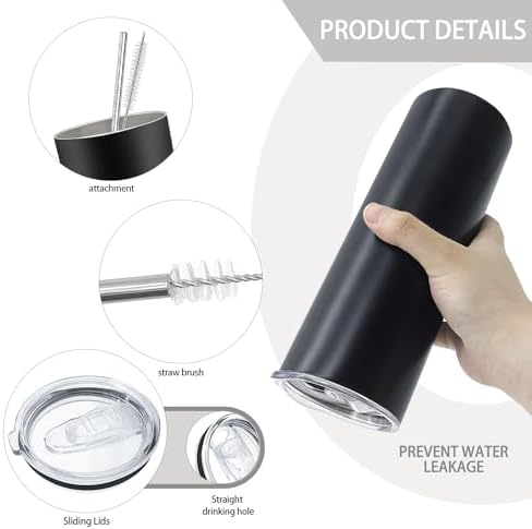 YOUKE OLA 16 Pack Stainless Steel Skinny Tumblers Straight Double Wall Insulated Tumbler Bulk with Lid and Straw for, DIY Gift, 20oz Black