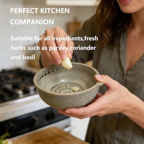 Handmade Pottery Garlic Grater Herb Stripper Bowl, 2-in-1 Ceramic Herb Stripper and Garlic Grater Bowl, Different Sizes of Round Holes, Kitchenware for Root Removal