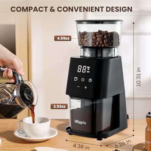 Ollygrin Electric Conical Burr Coffee Grinder, 30 Precise Grind Settings for Espresso, Drip & French Press, Compact Burr Mill with Touchscreen Control, Anti-Static & Easy Cleaning, Black
