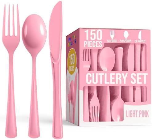 Party Solids Pink Plastic Silverware 150 Pcs Pink Cutlery Set