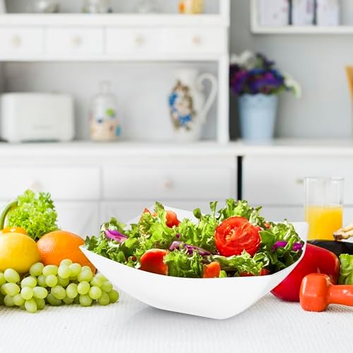 R-kay 6 Pack Square Plastic White Serving Bowls - White Plastic bowls 64 Oz - Salad Bowls Large Serving - Premium Heavy Duty For Weddings Catering And Birthday parties