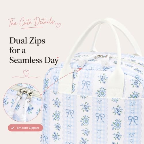 LOVELYWIND Lunch Box for Women, Insulated Lunch Bag, Blue Floral Tote