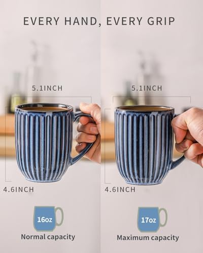 HASENSE 16 oz Ceramic Coffee Mugs Set of 4, Ribbed Navy Blue Coffee & Tea Cups, Dishwasher & Microwave Safe, Ideal for Housewarming & Wedding Gifts
