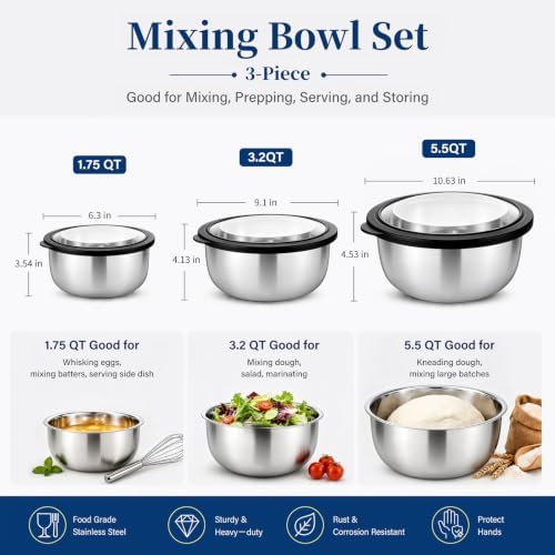 P&P CHEF Mixing Bowls with Lids Set of 3, Black Stainless Steel Salad Bowl