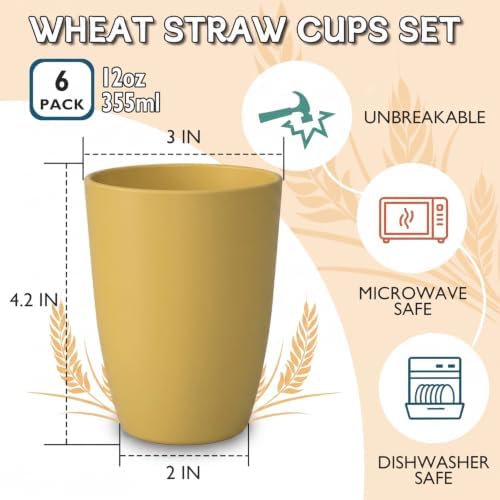 Wrova Wheat Straw Cups 6 PCS Good Alternative to Plastic Reusable Cups 12 oz Unbreakable Drinking Cup Reusable Dishwasher Safe Water Plastic Glasses Yellow