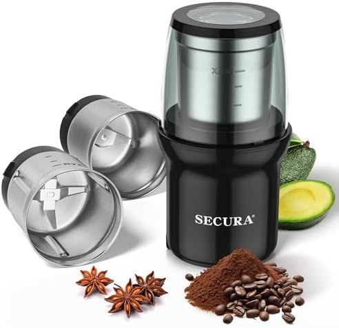 Secura Electric Coffee and Spice Grinder, 2 Removable Bowls, Black