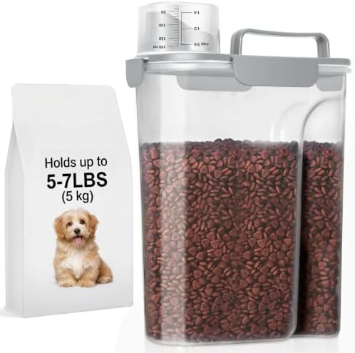 5-7LBS Airtight Dog Cat Food Storage Container with Upgraded Large Nozzle BPA-free, 4 Snap Seals Plastic Pet Food Storage Container with Handles are Easy to Clean and Carry- Light Gray