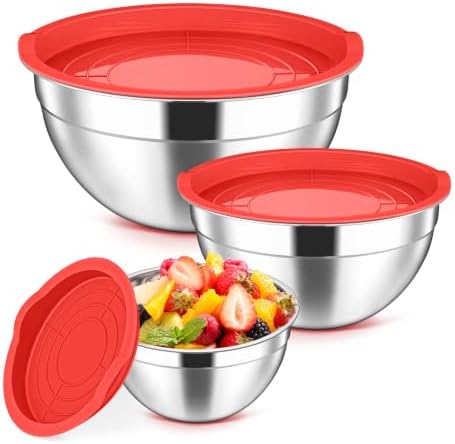 Herogo Stainless Steel Mixing Bowls with Lids Set of 3, 1.5/3/4.6Qt, Red