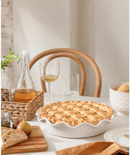 Ceramic Deep Pie Pan for Baking, 11 inch Porcelain Pie Plate for Apple Pie, Oven & Dishwasher Safe, Farmhouse Decor, 48 Ounce Deep Plate for Kitchen, Non-Stick Pie Dish, Embossed Diamond