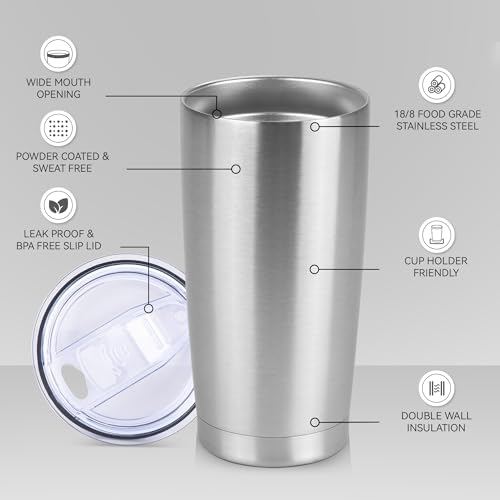 20 oz Tumbler Stainless Steel Tumblers Bulk with Lid Double Wall Insulated Coffee Tumbler Cups for Hot & Cold Drinks Powder Coated Travel Coffee Tumbler Mug Metal (Stainless Steel, 12 pack)