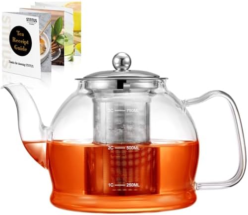 STNTUS Glass Teapot With Infuser, 27 oz / 800 ml for Loose Tea, Stainless Steel Strainer Teapots, Stovetop Safe