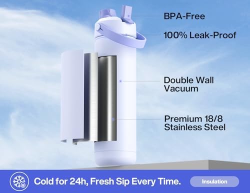 POWCAN 26 oz Insulated Water Bottle with 2-in-1 Straw and Spout Lid, Keep Cold 24H, Leak-Proof, Fits in Car Cup Holder, Stainless Steel Water Bottle for Sports, Travel, and School (Lupine)