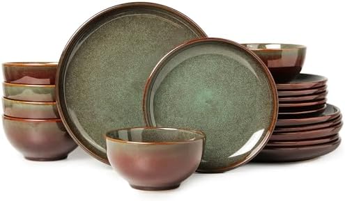 Pokini Stoneware Dinnerware Sets for 6, 18pcs Plates and Bowls Sets Dishes