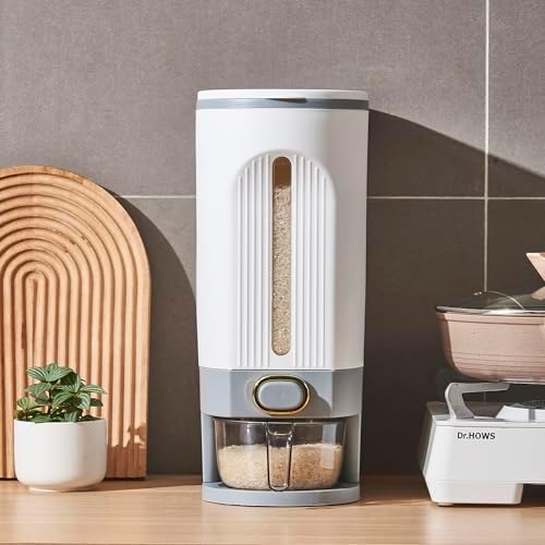 Sooyee 22 Lbs Rice Dispenser with Measuring Cup, White and Grey