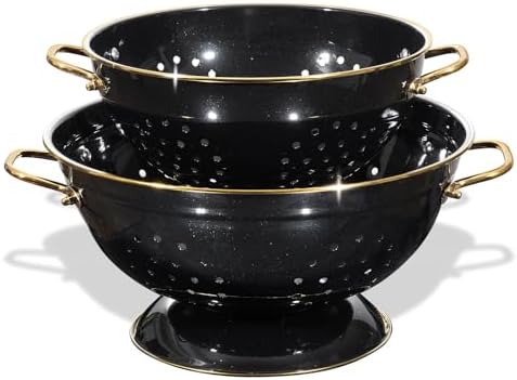 Metal Colander 2 Pack, 3.5 Quart Powder Coated Self-draining Solid Ring Base Metal Large Kitchen Pasta Vegetable Fruit Strainer with Handle (L-BLACK)