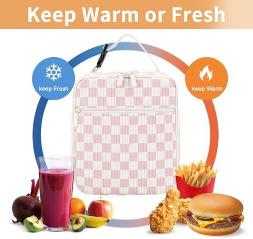 Lunch Box for Women Men Adult Insulated Lunch Bag Women Men Small Reusable Lunchbox for Work Picnic Travel (Beige-Pink Plaid)
