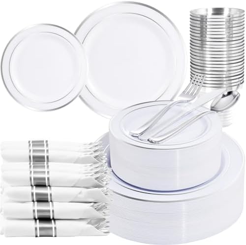 WELLIFE 210 Piece Silver Plastic Dinnerware Set for 30 Guests, Include: 30 Dinner Plates, 30 Dessert Plates, 30 Pre Rolled Napkins with Silverware and 30 Silver Cups