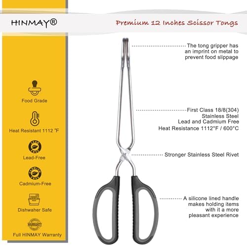 HINMAY Scissor Tongs with Comfort-Grip Handle 12-Inch Cooking Tongs