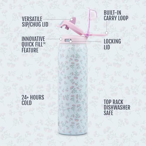 Ello Pop & Fill Insulated Stainless Steel Water Bottle with Quick Fill Lid, Leakproof Locking, Sip or Chug Spout, BPA-Free, Double Wall Vacuum Insulated for Sports, Travel & School- 22oz / 32oz / 40oz
