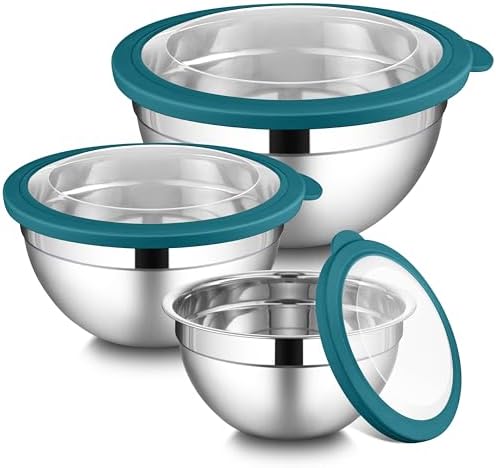 LIANYU Stainless Steel Metal Mixing Bowls, 3 Packs Nesting Bowl with Lid