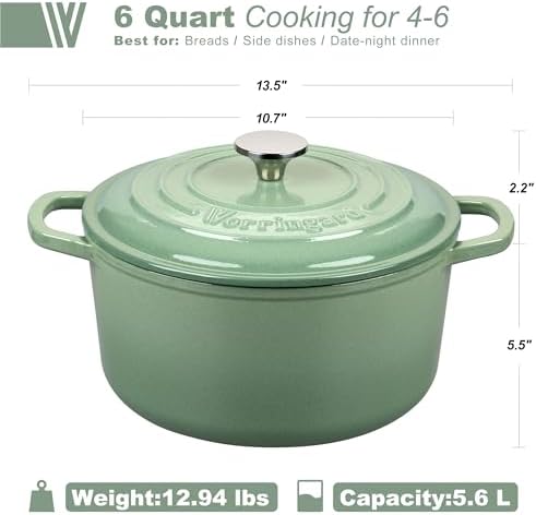 VORRINGARD Enameled Cast Iron Dutch Oven Pot with Lid, for Sourdough Bread Baking, Round Dutch Ovens, 6 Quart, Sage green