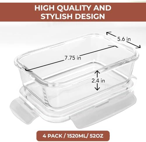 Razab 6.5 Cups / 52 Oz 4 Piece (2 Containers + 2 Lids) Glass Food Storage Containers Set with Airtight Locking Lids - For Storing, Baking & Serving BPA Free, Leakproof - Microwave, Freezer & Oven Safe