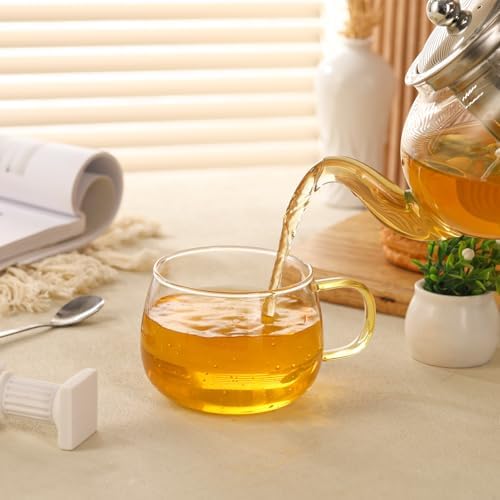 Glass Tea Cups Set of 4, Clear Borosilicate Glass Teacups with Colorful Handle for Tealover, Dishwasher & Microwave Safe Large Coffee Mugs for Espresso Cappuccino Latte Juice, 12OZ/360ML