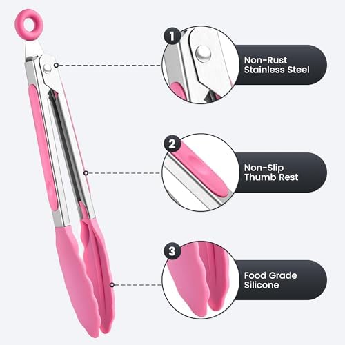 6PCS 7-Inch Silicone Tongs Set, Stainless Steel Tongs with Silicone Tips