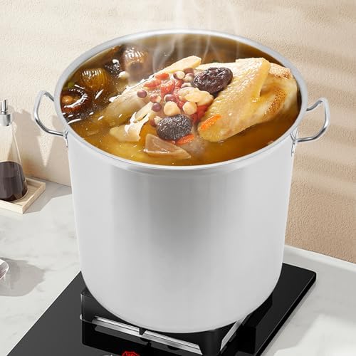 Stainless Steel Stockpot, 100 Quart Large Cooking Pots, Cookware Sauce Pot with Lid, Heavy Duty Commercial Kitchen Grade Stock Pot for Soup, Stew & Sauce, Riveted Silicone Handle