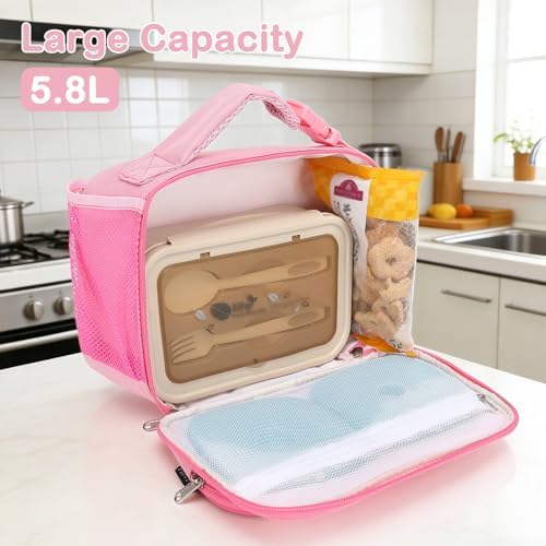 FlowFly Kids Lunch box Insulated Soft Bag Mini Cooer Back to School Thermal Meal Tote Kit for Girls, Boys,Pink