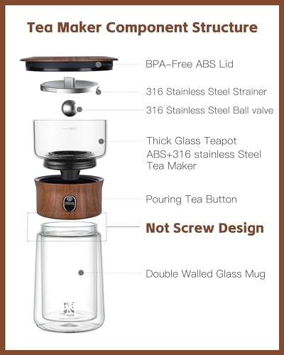 ZENS Glass Infuser Teapot, One Touch Tea Maker for Loose Leaf Tea, Walnut