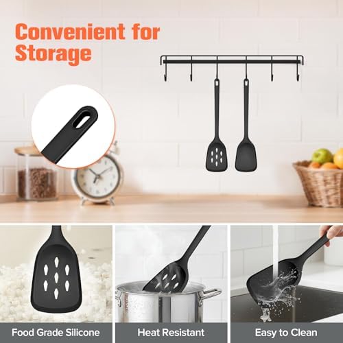 Silicone Spatula Set of 2 Pack, Heat Resistant Solid&Slotted Turner (BLACK)