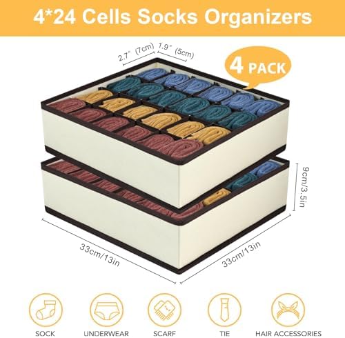 joyoldelf Sock Drawer Organizer Divider Underwear Organizer 24-cell Fabric Dresser Drawer Organizers Storage Boxes for Socks Lingerie, Handkerchiefs, Ties 4 Pack (Beige)