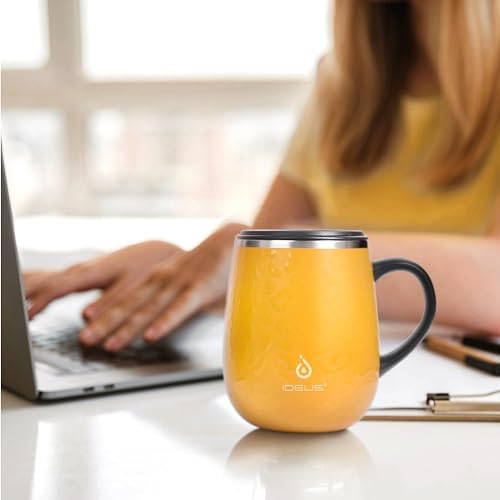Ideus 16 oz Insulated Coffee Mug with Lid and Handle (Leopard Yellow 1.0)