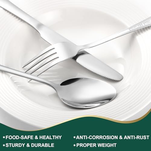 24-Piece Silver Silverware Set with Steak Knives Black Stainless Steel Flatware Set for 4 Food Grade Tableware Cutlery Set Rust-proof, Mirror Polished, Dishwasher Safe