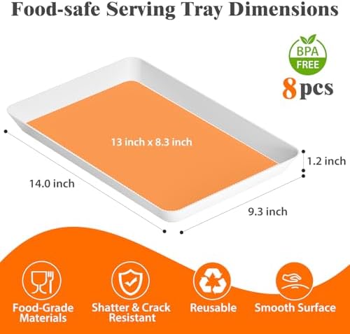 SpaceTrove 8-Pack Serving Tray Set, Reusable Plastic Serving Platter for Party Supplies, Entertaining, Grilling Accessories, Stackable Kitchen Snack Box Container for Dessert, Fruit, Cookie, (White)