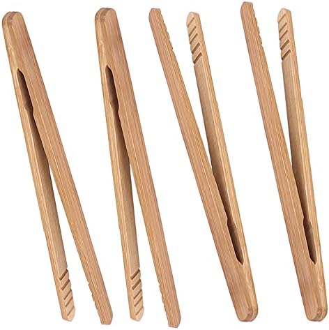 Bamboo Toast Tongs, 7 Inches Mini Wood Cooking Tong with Anti-slip Design Great for Serving Food/Toaster/Bread & Pickles/Sugar/Barbecue,Small Kitchen Tongs Multi-use for Salad, Grilling, Frying(4)