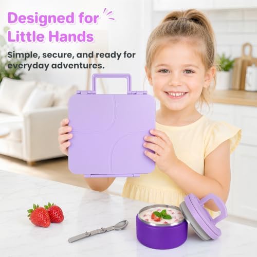Bento Lunch Box for Kids with 8oz Soup Thermo,Kids Leakproof Lunch Food Containers with 4 Compartment,Kid Insulated Thermo Hot Food Jar for School,Trvael-Purple