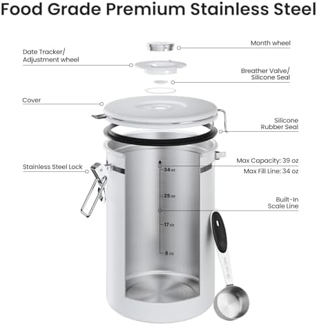 Veken Coffee Canister,39OZ, 2.2lbs,Large Airtight Stainless Steel Container