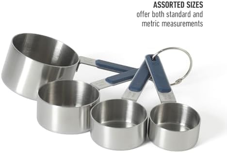 Calphalon Prime Measuring Cups, Kitchen Measurement Cup, 4-Piece Stainless Steel Kitchen Measuring Cup with Navy Silicone Handle Accurate, Durable for Dry and Liquid Ingredients